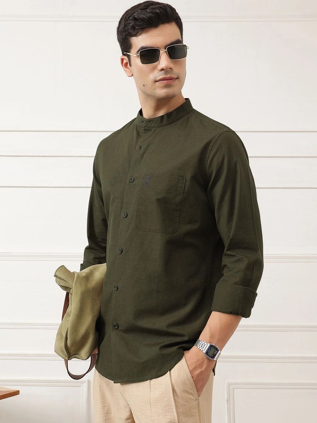 Bottle Green Premium Slim Fit Long Sleeves Mandarin Collar Solid Cotton Linen Casual Shirt For Men