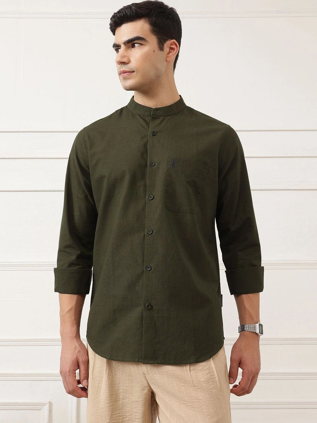 Bottle Green Premium Slim Fit Long Sleeves Mandarin Collar Solid Cotton Linen Casual Shirt For Men