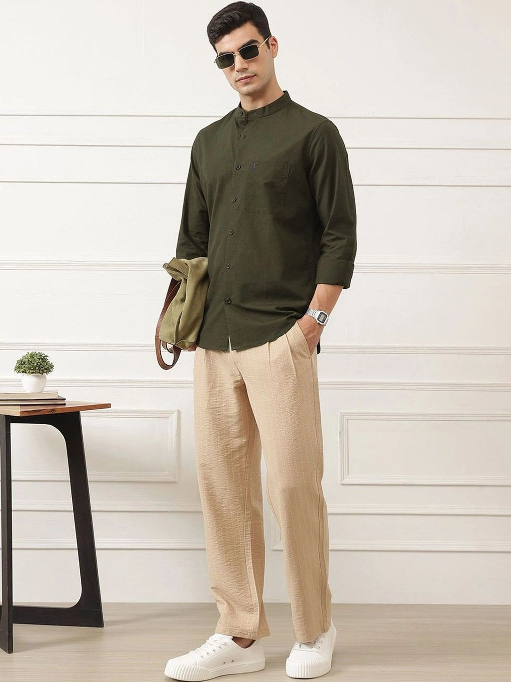 Bottle Green Slim Fit Long Sleeves Mandarin Collar Solid Cotton Linen Casual Shirt For Men