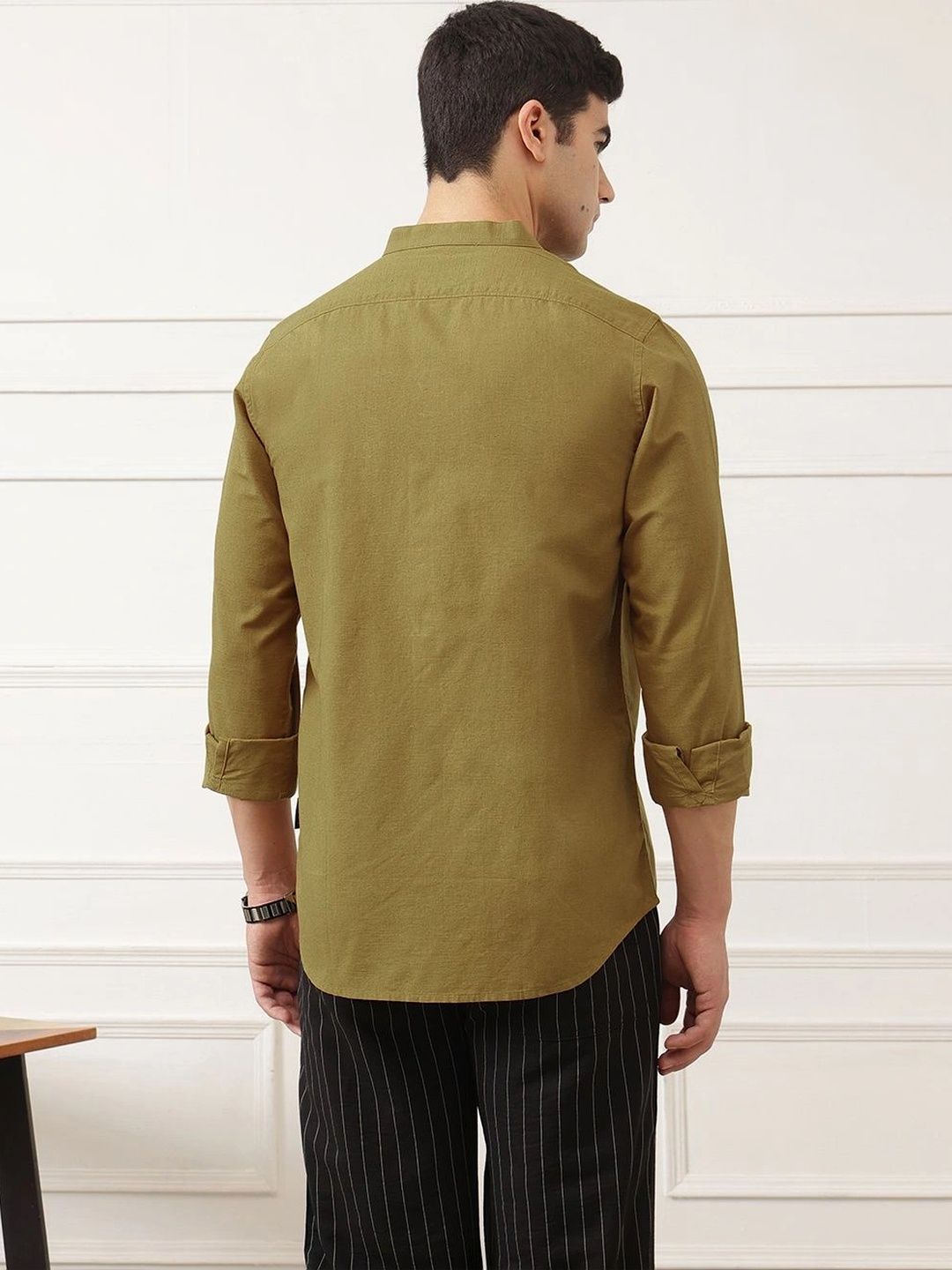 Mustard Premium Slim Fit Long Sleeves Mandarin Collar Solid Cotton Linen Casual Shirt For Men