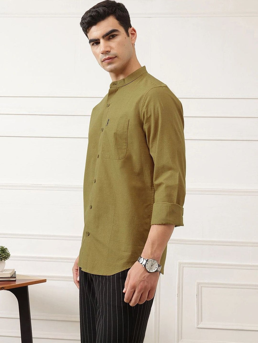 Mustard Premium Slim Fit Long Sleeves Mandarin Collar Solid Cotton Linen Casual Shirt For Men