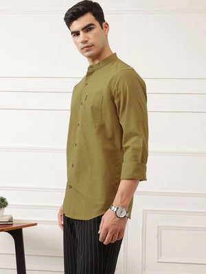 Mustard Slim Fit Long Sleeves Mandarin Collar Solid Cotton Linen Casual Shirt For Men