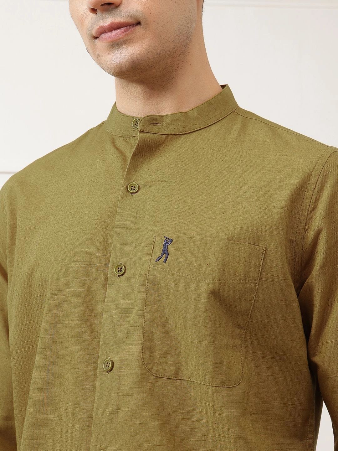 Mustard Premium Slim Fit Long Sleeves Mandarin Collar Solid Cotton Linen Casual Shirt For Men