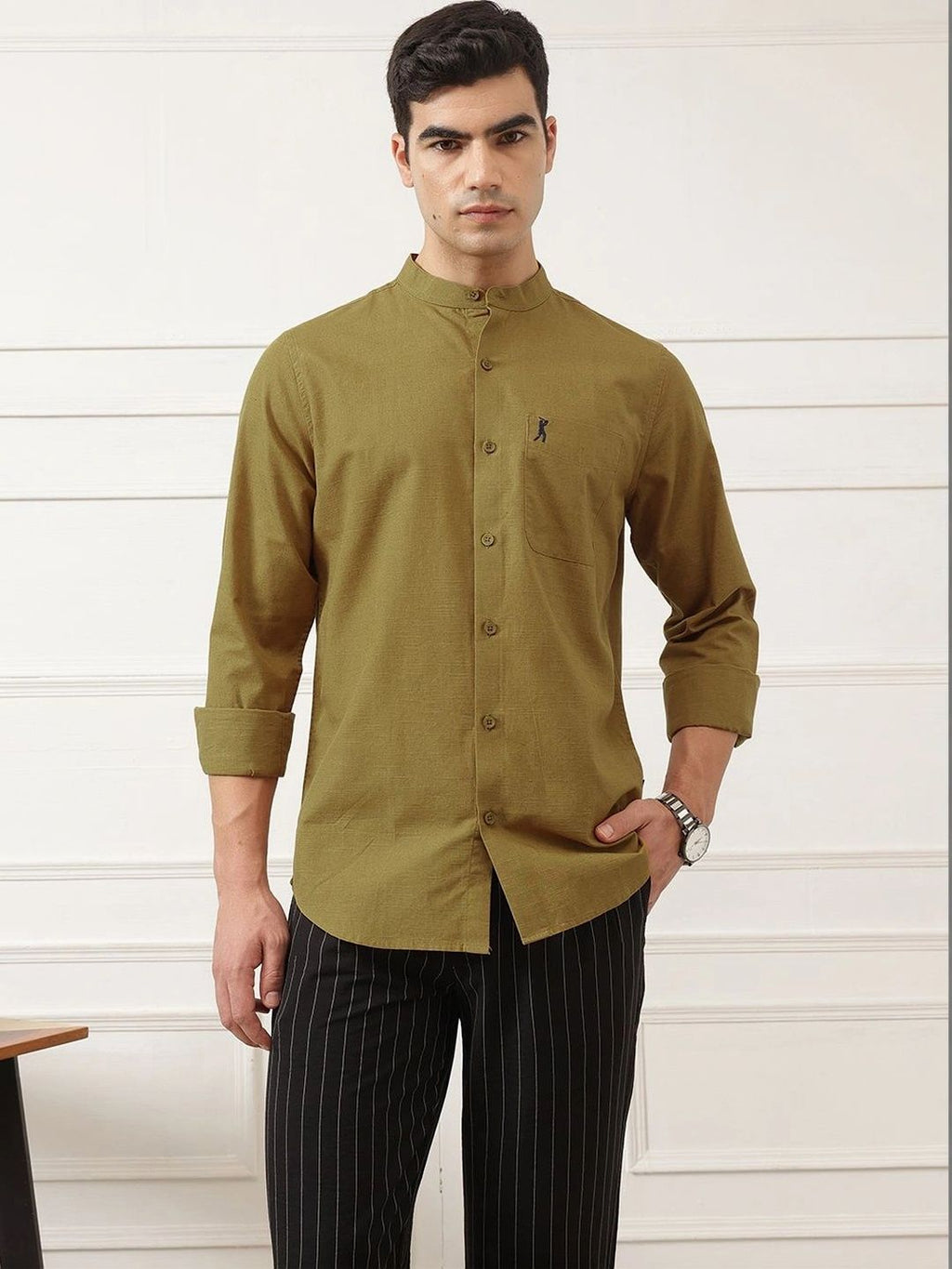 Mustard Slim Fit Long Sleeves Mandarin Collar Solid Cotton Linen Casual Shirt For Men