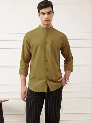 Mustard Slim Fit Long Sleeves Mandarin Collar Solid Cotton Linen Casual Shirt For Men