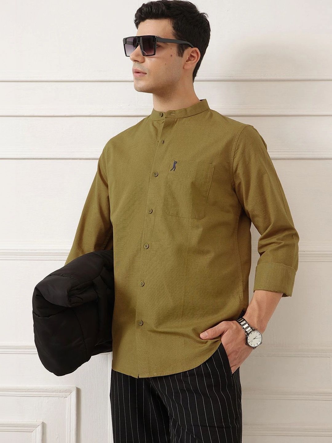 Mustard Premium Slim Fit Long Sleeves Mandarin Collar Solid Cotton Linen Casual Shirt For Men