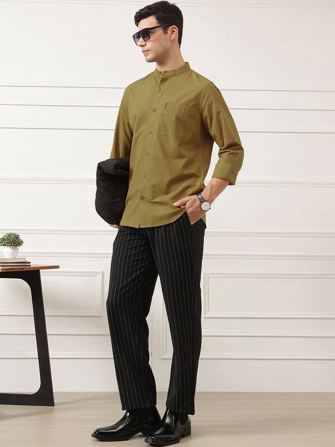 Mustard Premium Slim Fit Long Sleeves Mandarin Collar Solid Cotton Linen Casual Shirt For Men