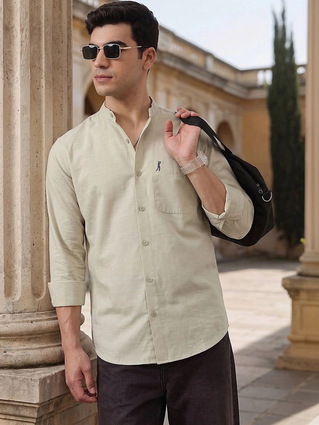 Pista Premium Slim Fit Long Sleeves Mandarin Collar Solid Cotton Linen Casual Shirt For Men