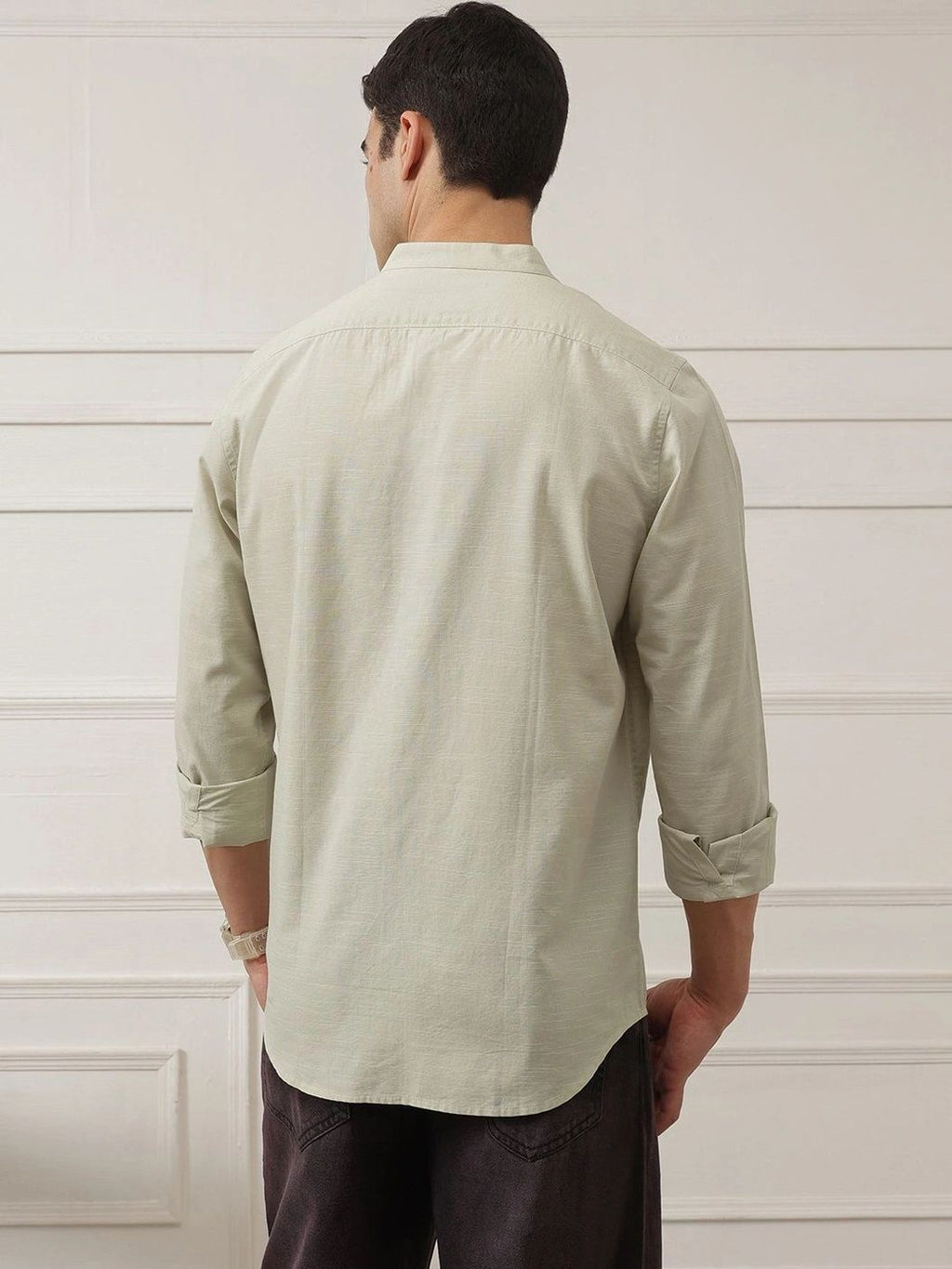 Pista Slim Fit Long Sleeves Mandarin Collar Solid Cotton Linen Casual Shirt For Men