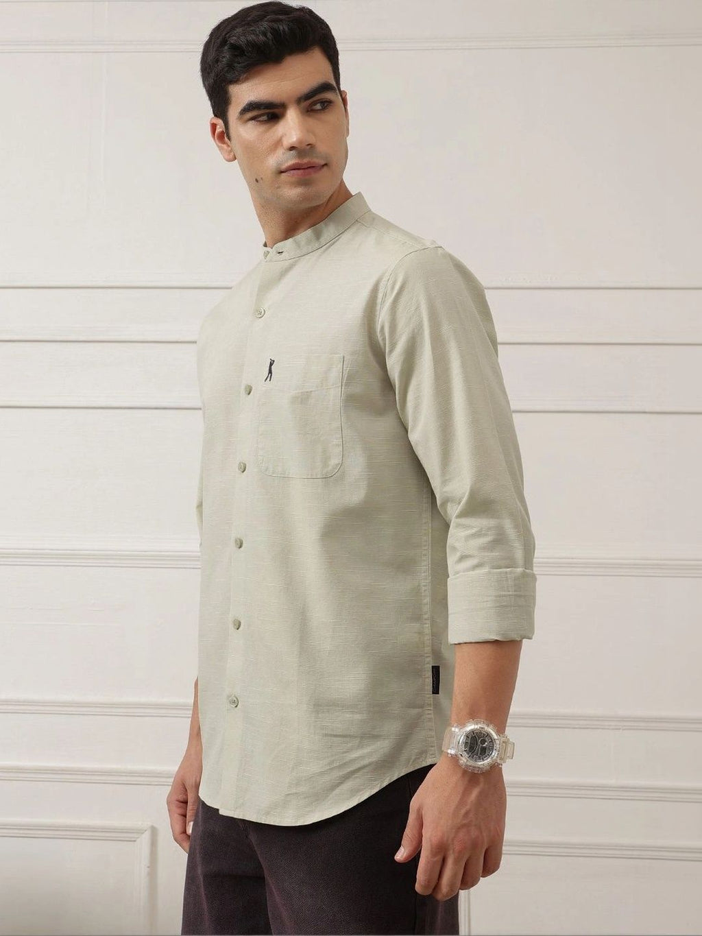 Pista Premium Slim Fit Long Sleeves Mandarin Collar Solid Cotton Linen Casual Shirt For Men