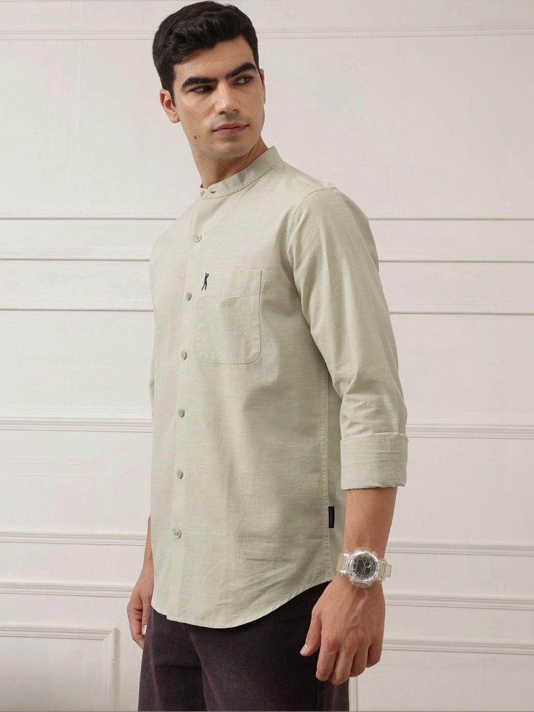 Pista Premium Slim Fit Long Sleeves Mandarin Collar Solid Cotton Linen Casual Shirt For Men