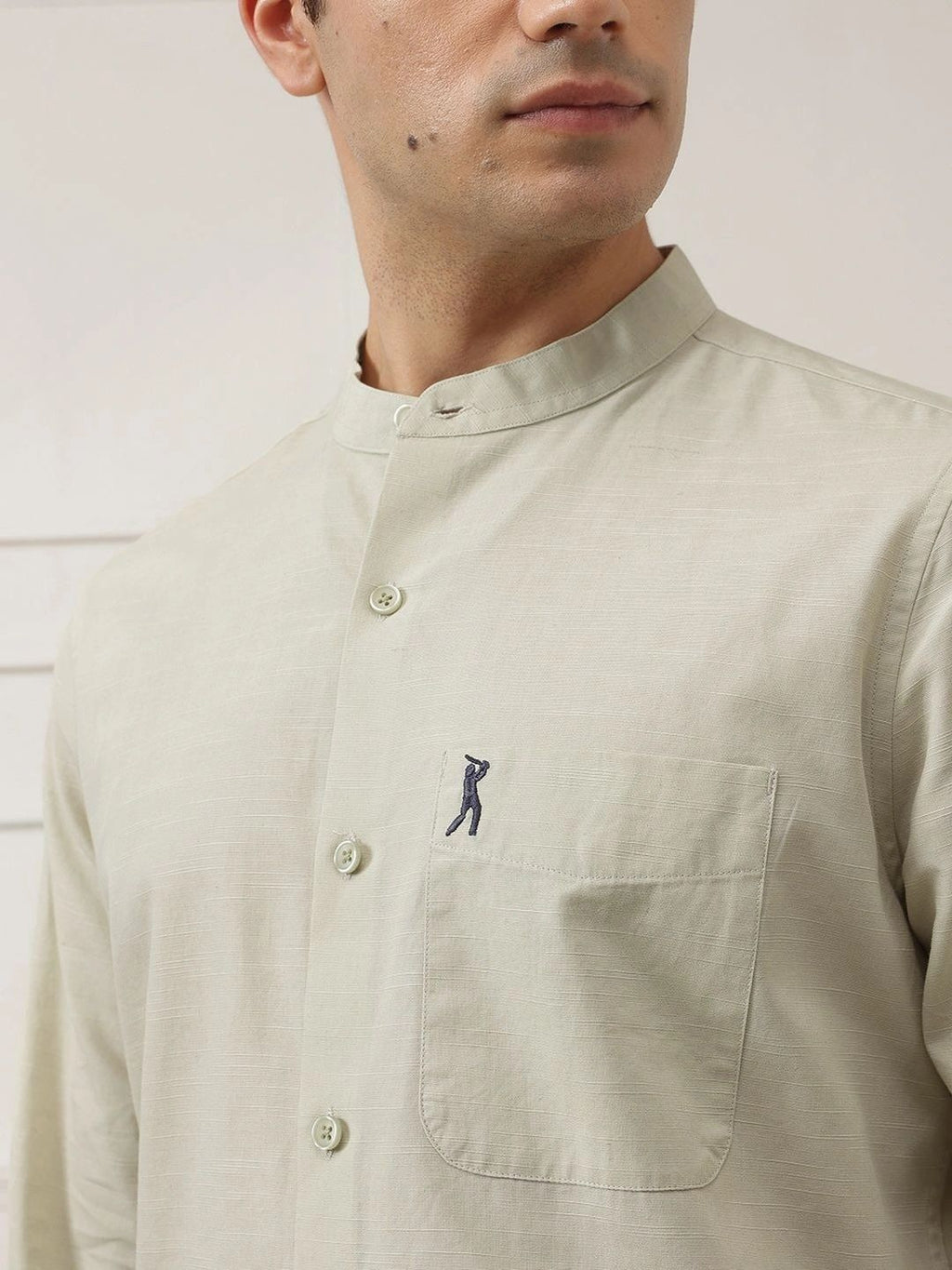 Pista Slim Fit Long Sleeves Mandarin Collar Solid Cotton Linen Casual Shirt For Men
