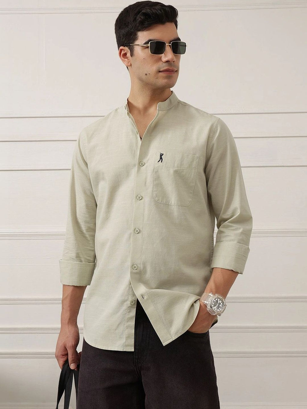 Pista Premium Slim Fit Long Sleeves Mandarin Collar Solid Cotton Linen Casual Shirt For Men