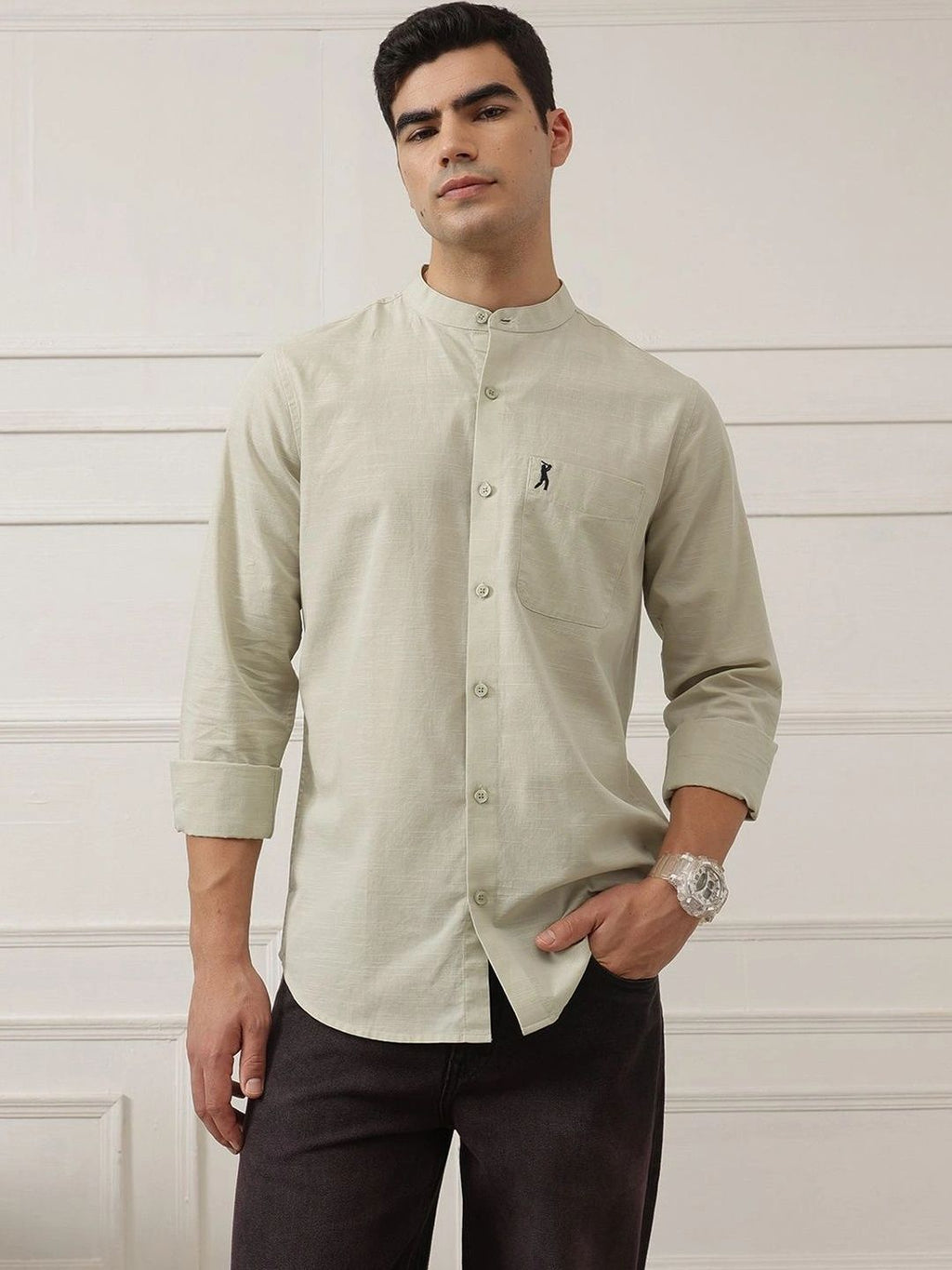 Pista Premium Slim Fit Long Sleeves Mandarin Collar Solid Cotton Linen Casual Shirt For Men