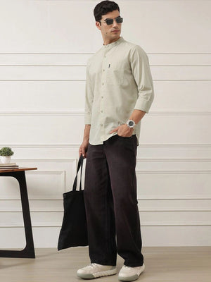 Pista Premium Slim Fit Long Sleeves Mandarin Collar Solid Cotton Linen Casual Shirt For Men
