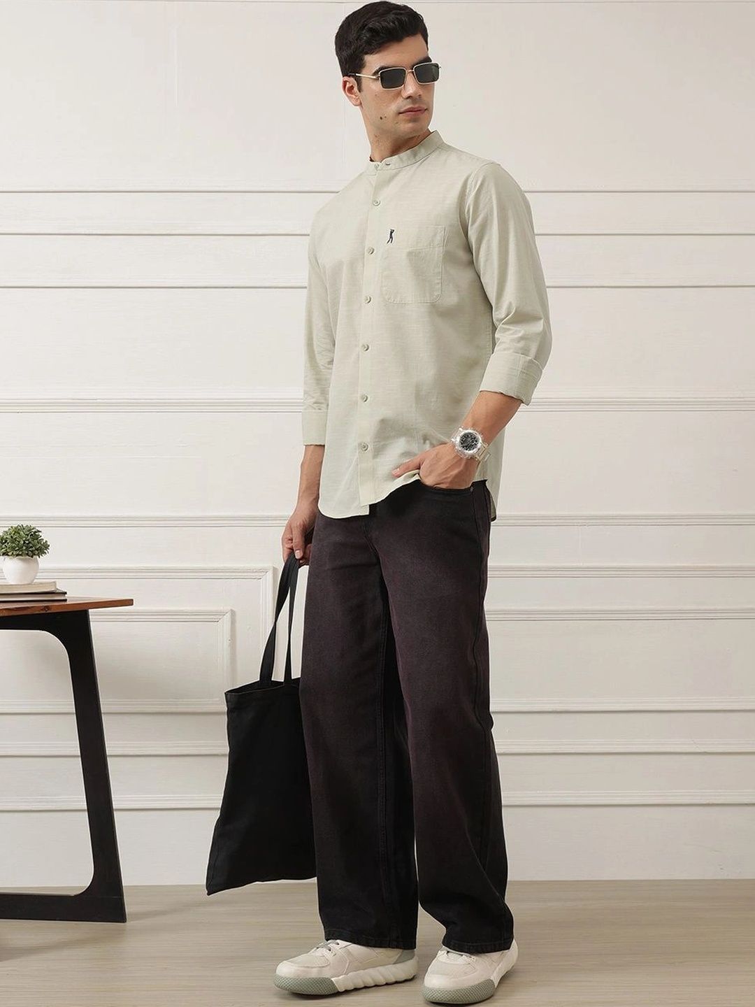 Pista Slim Fit Long Sleeves Mandarin Collar Solid Cotton Linen Casual Shirt For Men