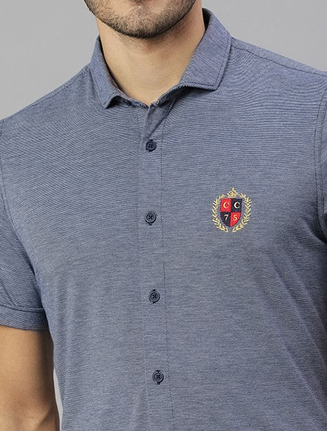 Thomas Scott Men Navy Classic Slim Fit Short Sleeves Spread Collar Solid Knitted Casual Shirts