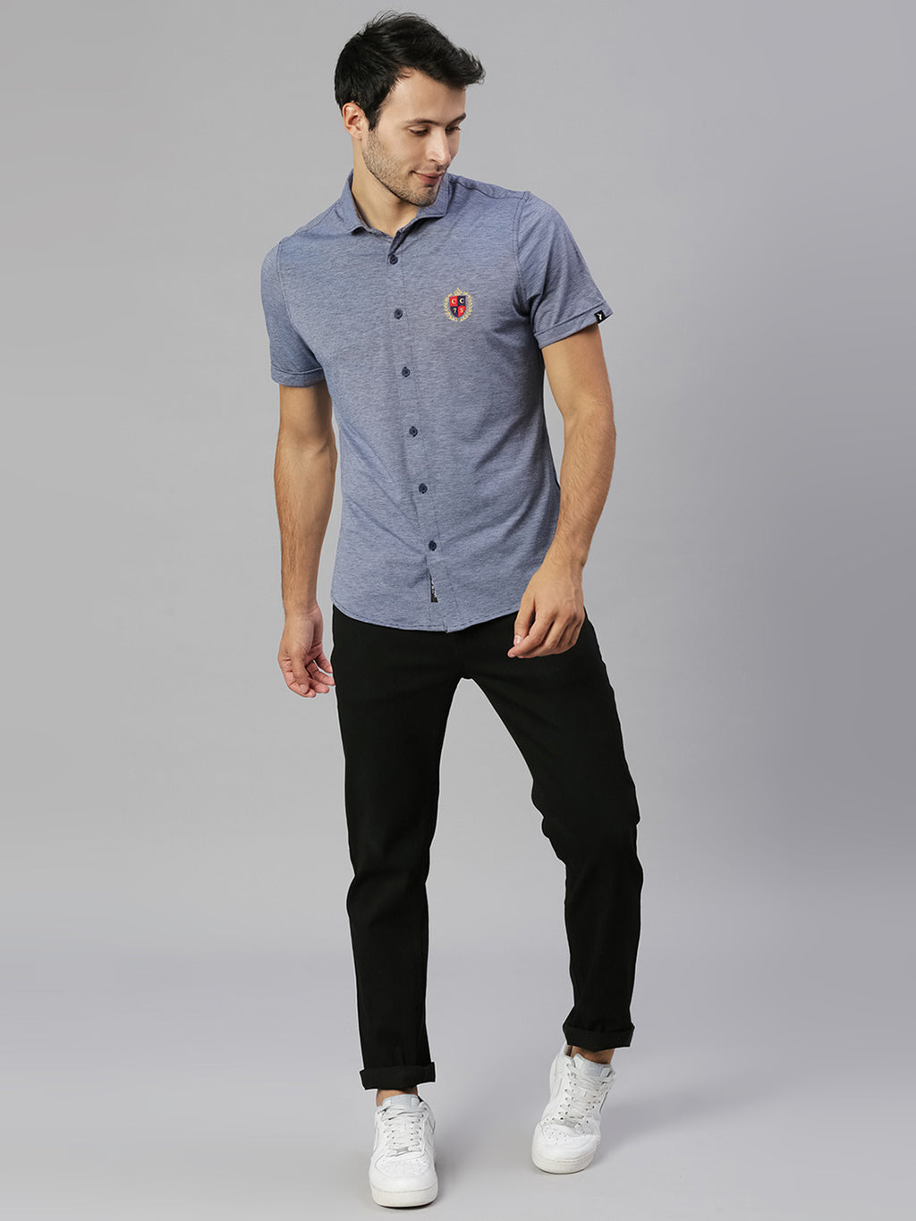 Thomas Scott Men Navy Classic Slim Fit Short Sleeves Spread Collar Solid Knitted Casual Shirts