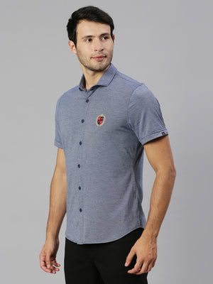 Thomas Scott Men Navy Classic Slim Fit Short Sleeves Spread Collar Solid Knitted Casual Shirts