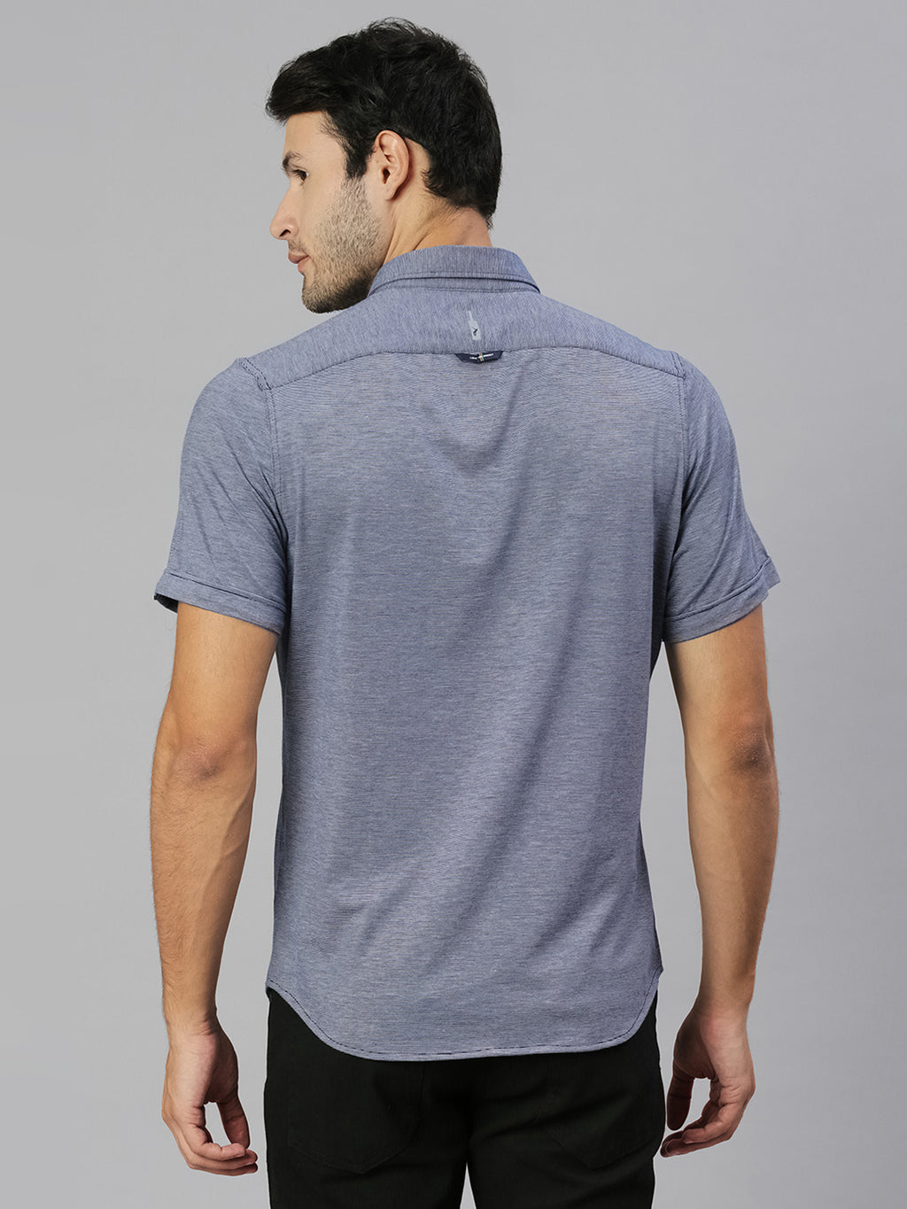 Thomas Scott Men Navy Classic Slim Fit Short Sleeves Spread Collar Solid Knitted Casual Shirts