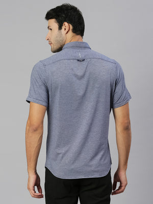 Thomas Scott Men Navy Classic Slim Fit Short Sleeves Spread Collar Solid Knitted Casual Shirts