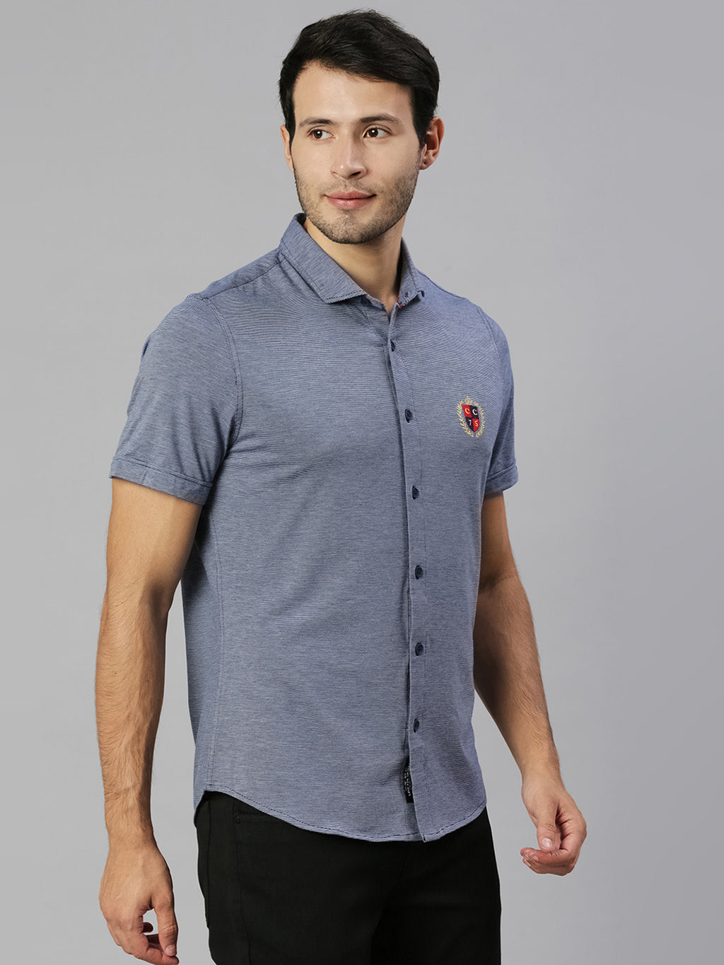 Thomas Scott Men Navy Classic Slim Fit Short Sleeves Spread Collar Solid Knitted Casual Shirts