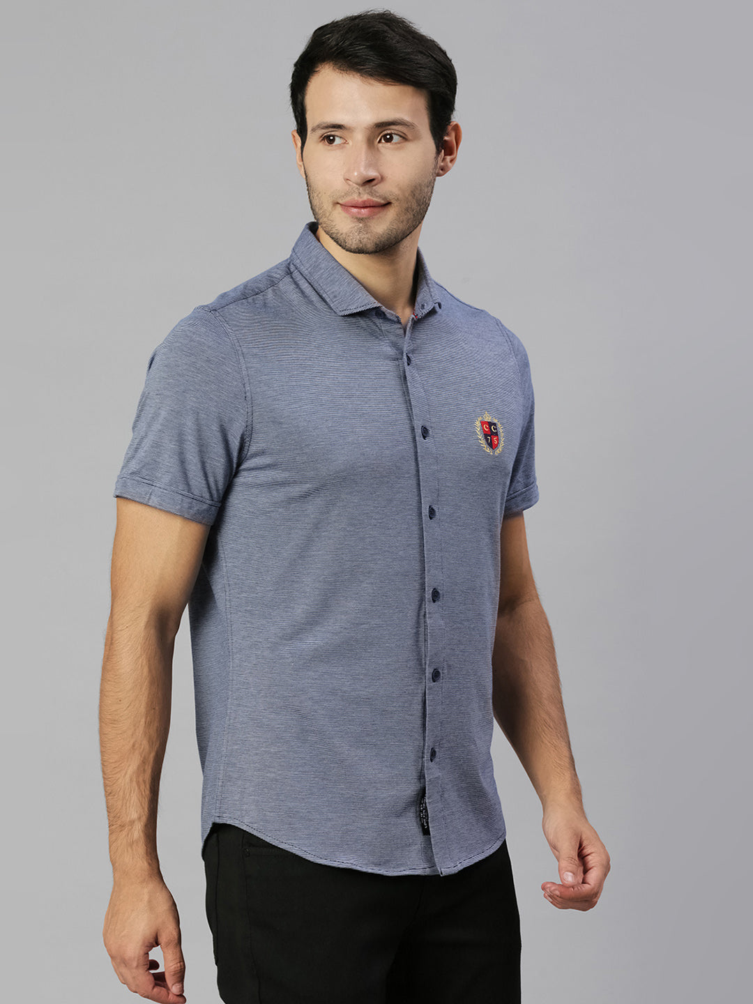 Thomas Scott Men Navy Classic Slim Fit Short Sleeves Spread Collar Solid Knitted Casual Shirts