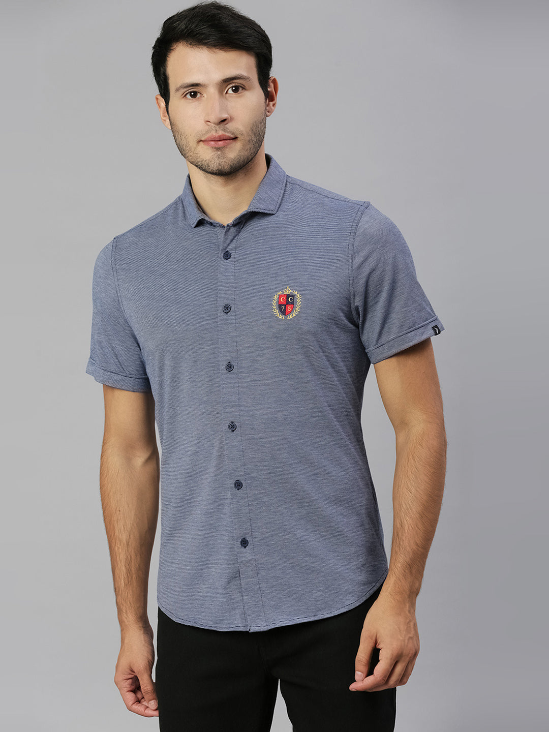 Thomas Scott Men Navy Classic Slim Fit Short Sleeves Spread Collar Solid Knitted Casual Shirts