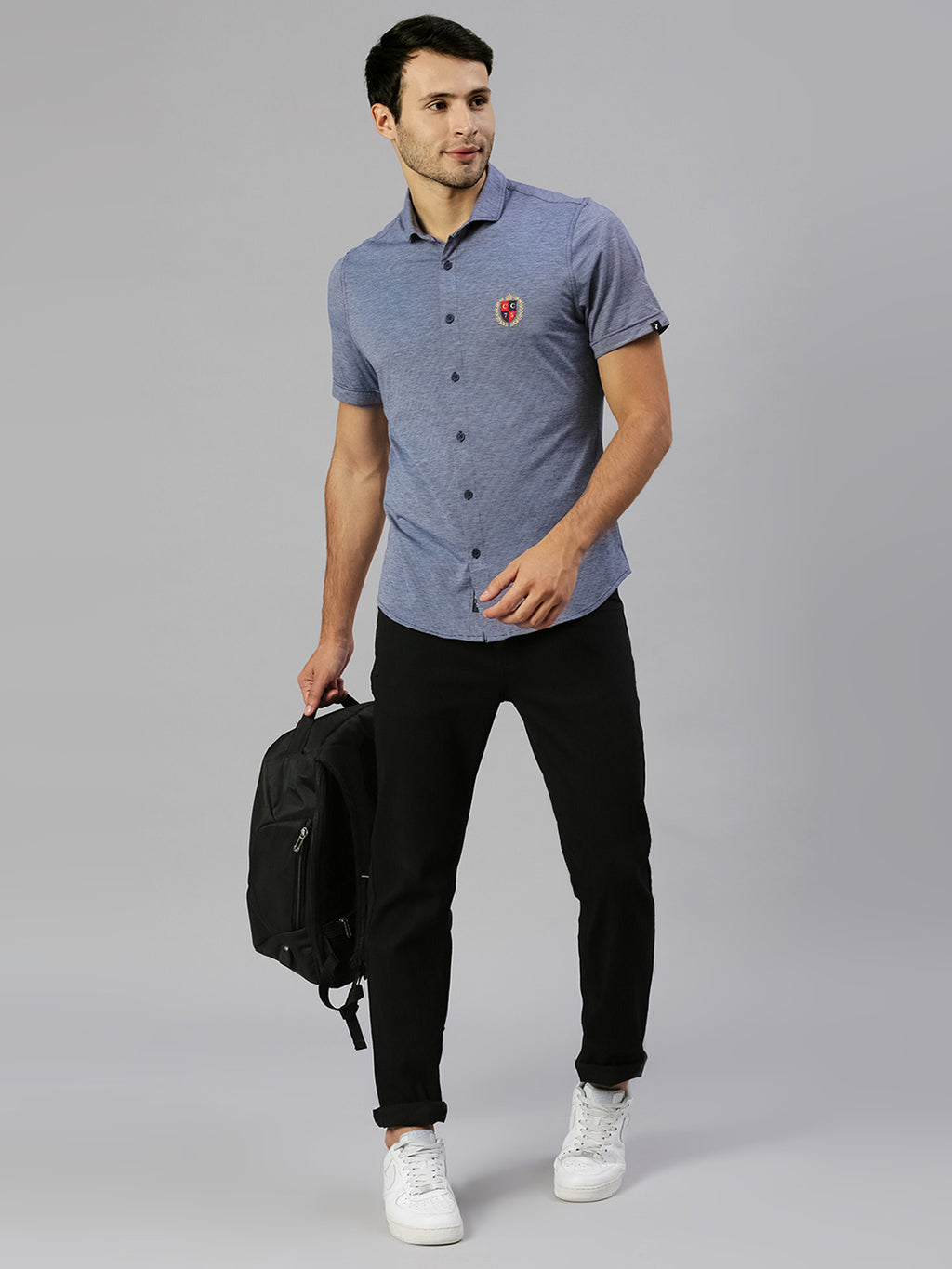 Thomas Scott Men Navy Classic Slim Fit Short Sleeves Spread Collar Solid Knitted Casual Shirts