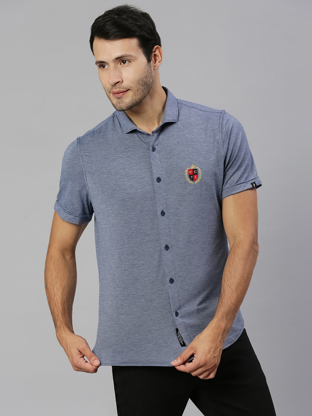 Thomas Scott Men Navy Classic Slim Fit Short Sleeves Spread Collar Solid Knitted Casual Shirts