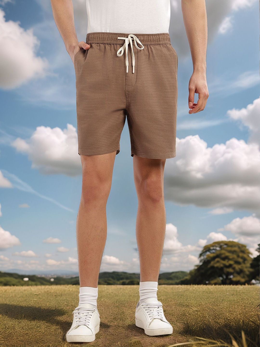 Brown Cricket Club Collection Straight Fit Textured Waffle Cotton Shorts For Men