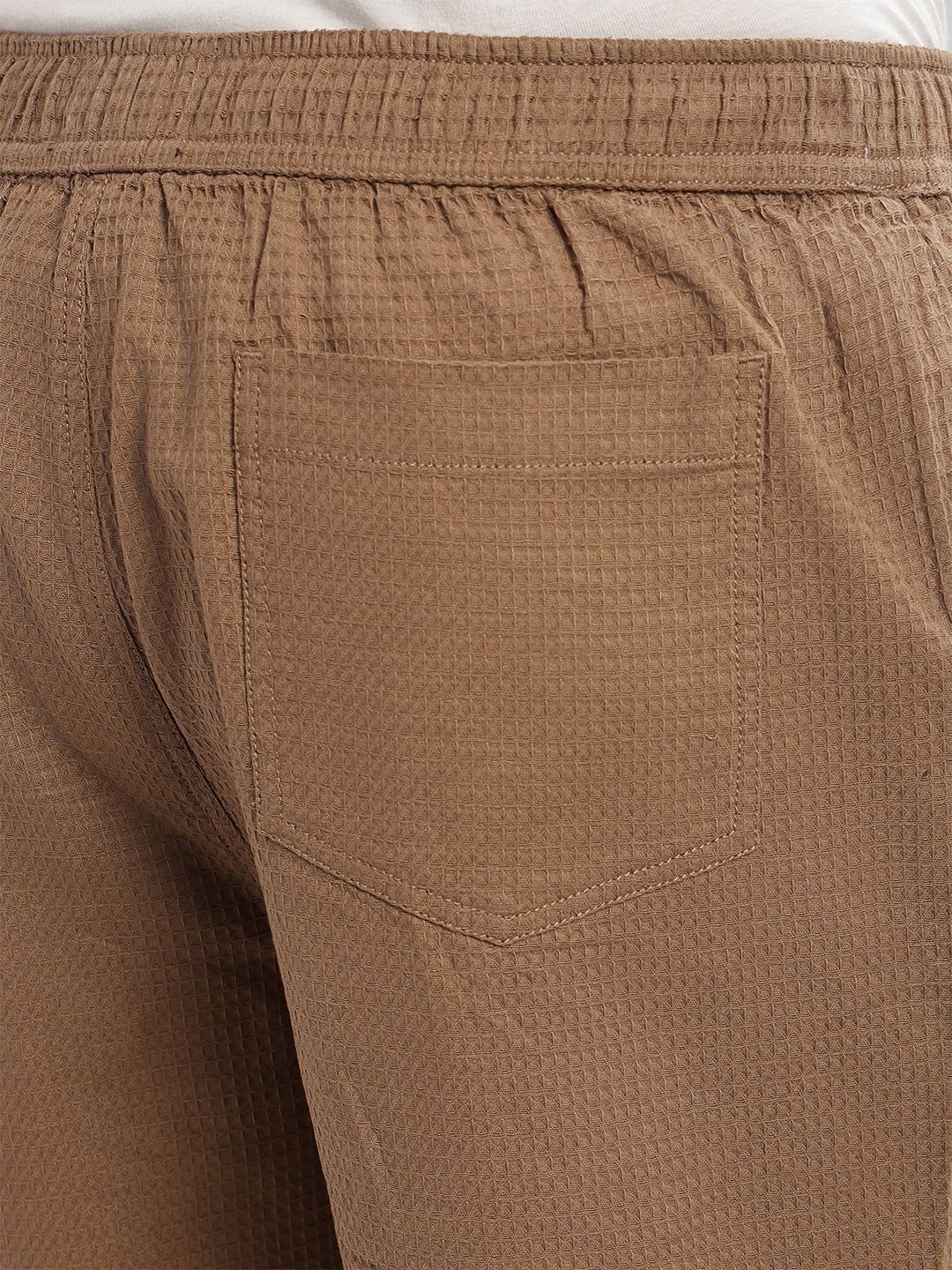 Brown Cricket Club Collection Straight Fit Textured Waffle Cotton Shorts For Men