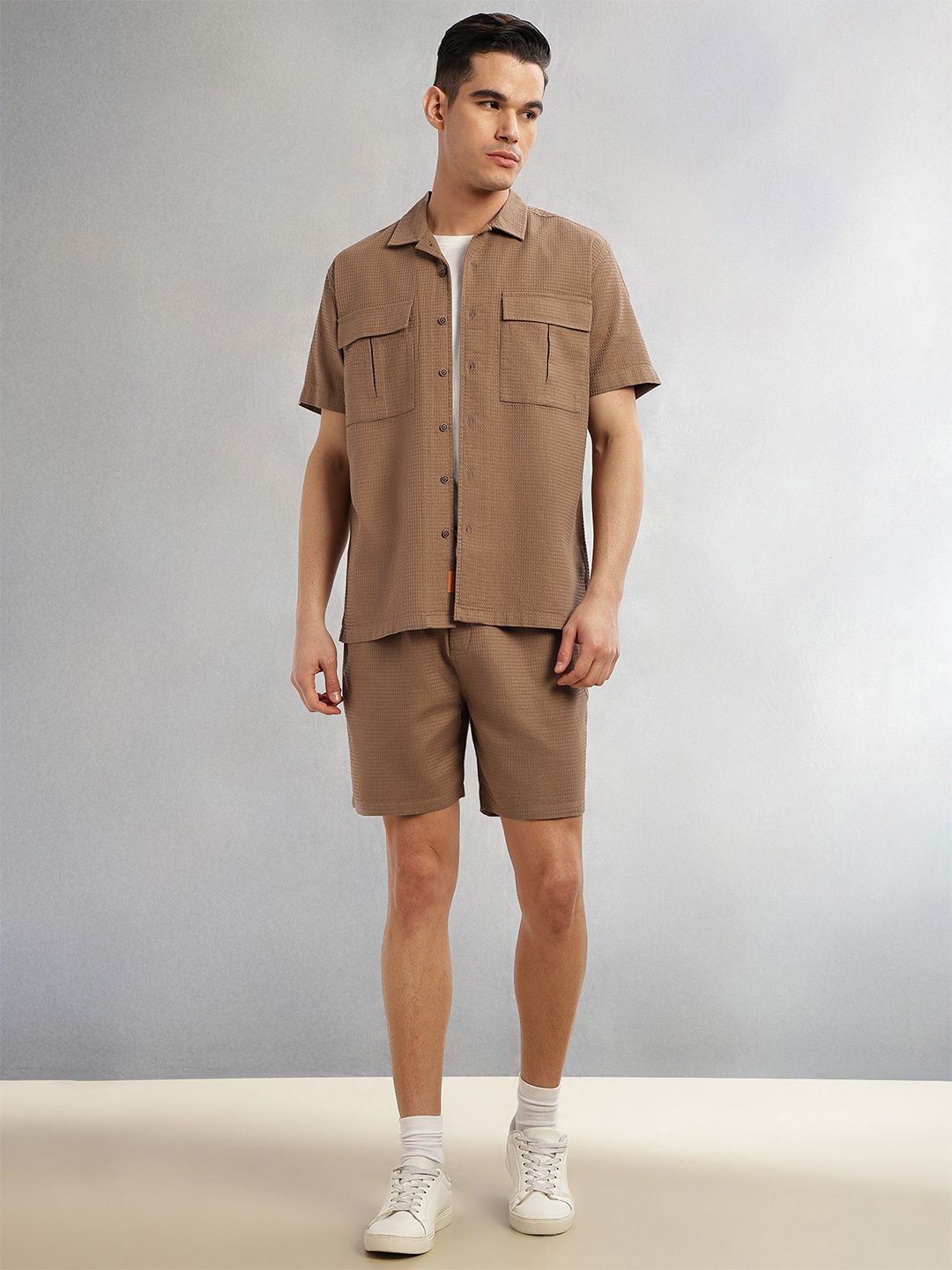 Brown Cricket Club Collection Straight Fit Textured Waffle Cotton Shorts For Men