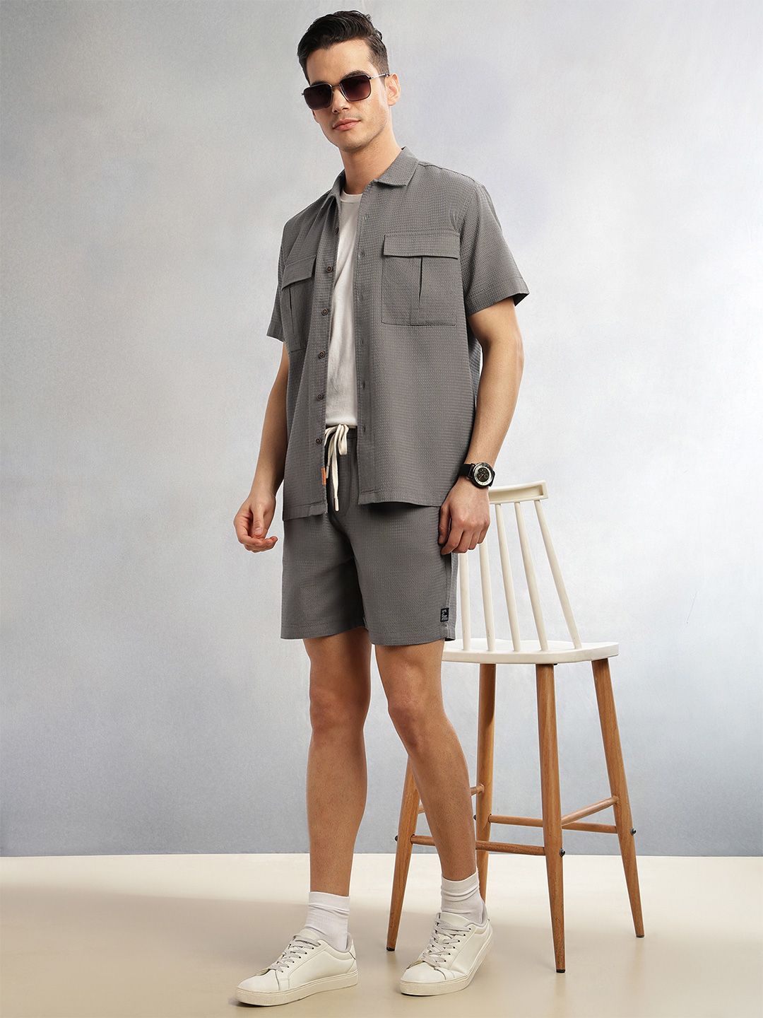 Grey Cricket Club Collection Straight Fit Textured Waffle Cotton Shorts For Men