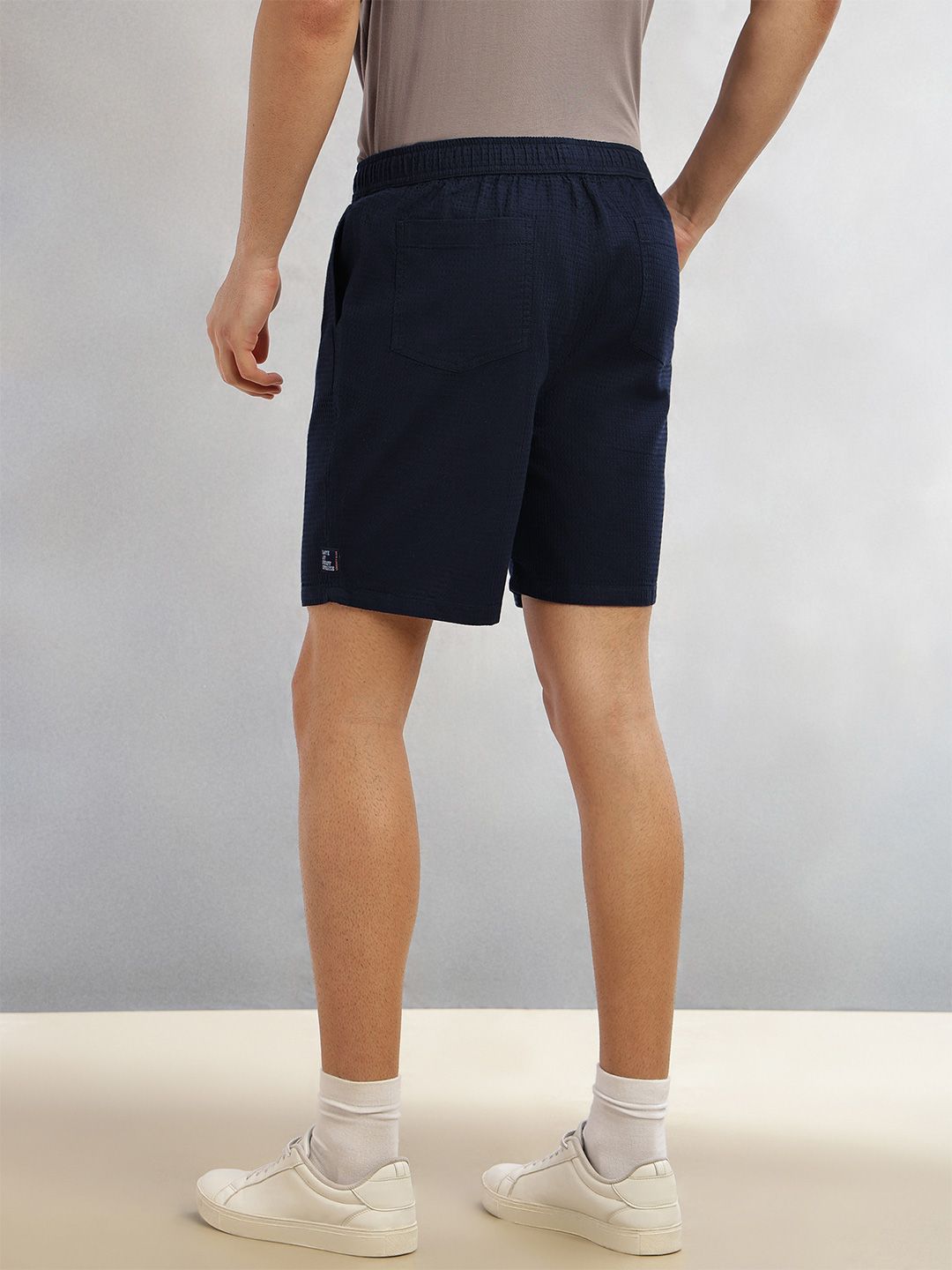 Navy Cricket Club Collection Straight Fit Textured Waffle Cotton Shorts For Men