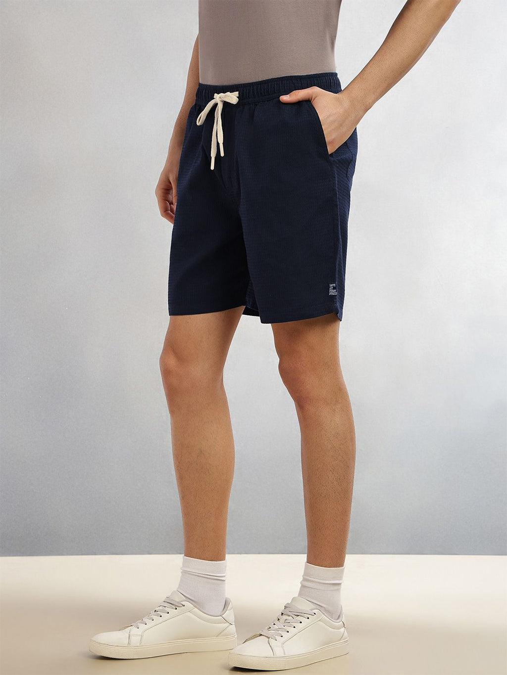 Navy Cricket Club Collection Straight Fit Textured Waffle Cotton Shorts For Men