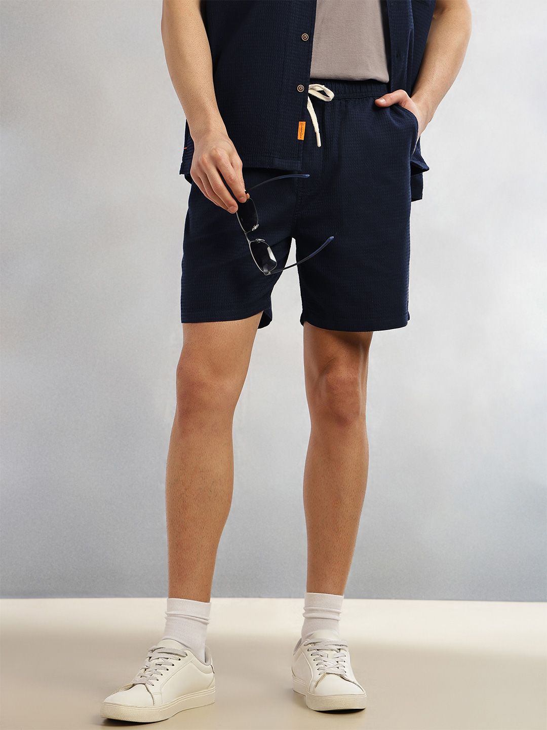 Navy Cricket Club Collection Straight Fit Textured Waffle Cotton Shorts For Men