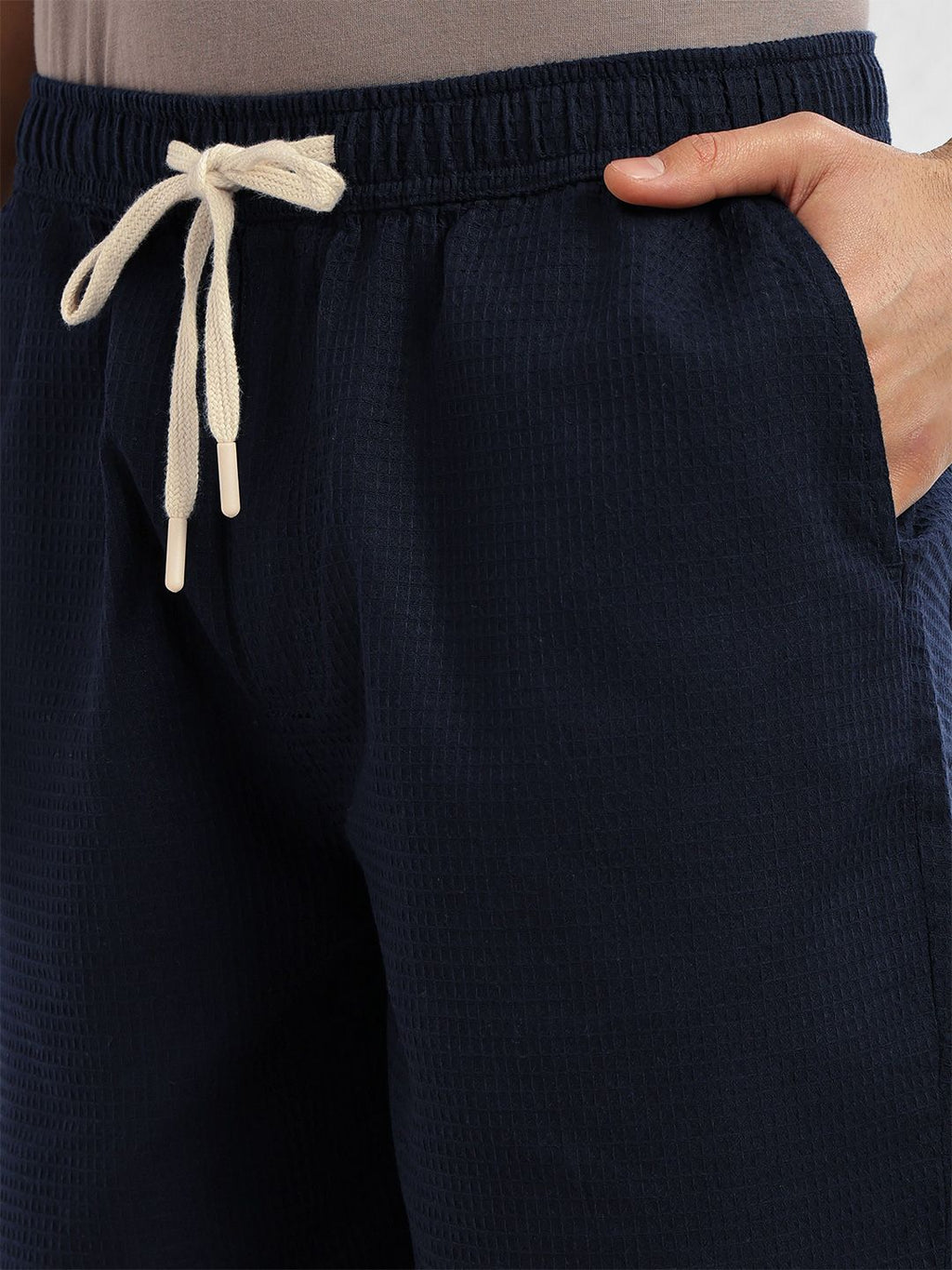 Navy Cricket Club Collection Straight Fit Textured Waffle Cotton Shorts For Men