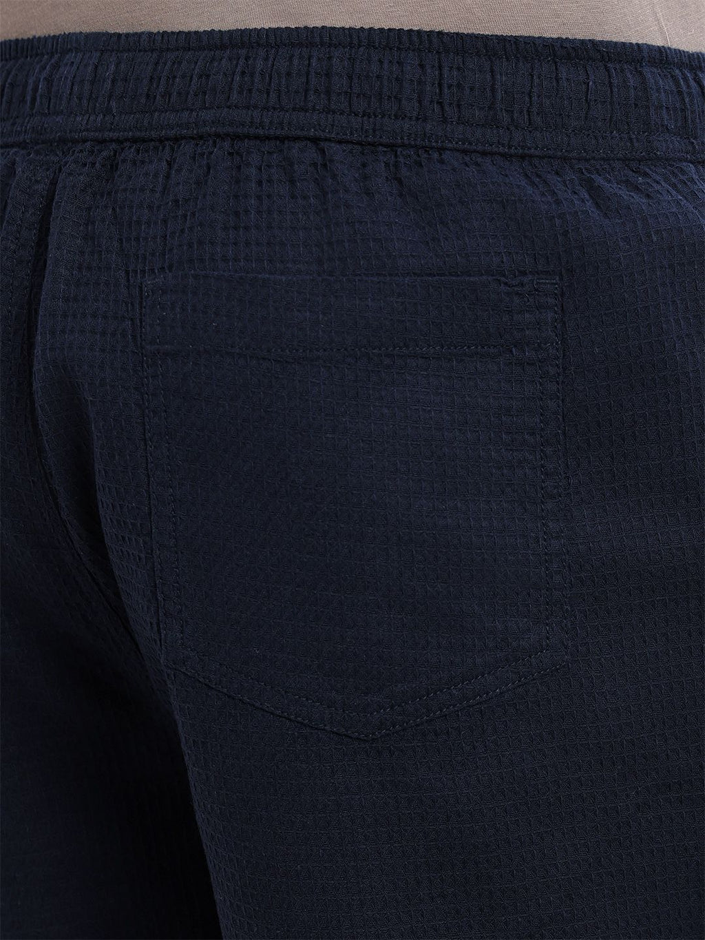 Navy Cricket Club Collection Straight Fit Textured Waffle Cotton Shorts For Men