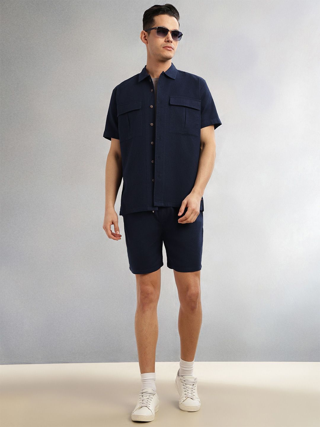 Navy Cricket Club Collection Straight Fit Textured Waffle Cotton Shorts For Men