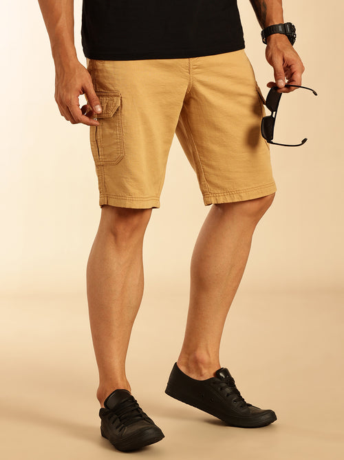 Thomas Scott Men Khaki Straight Fit Mid Rise Solid Cargo Shorts