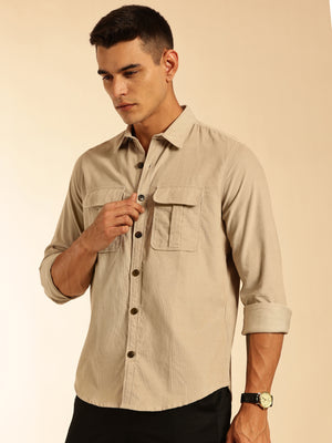 Cream Slim Fit Long Sleeves Corduroy Casual Shirt For Men