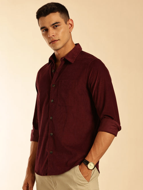 Thomas Scott Men Wine Slim Fit Long Sleeves Corduroy Casual Shirt