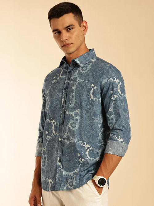 Thomas Scott Men Blue1 Regular Fit Long Sleeves Abstract Printed Pure Cotton Casual Shirt
