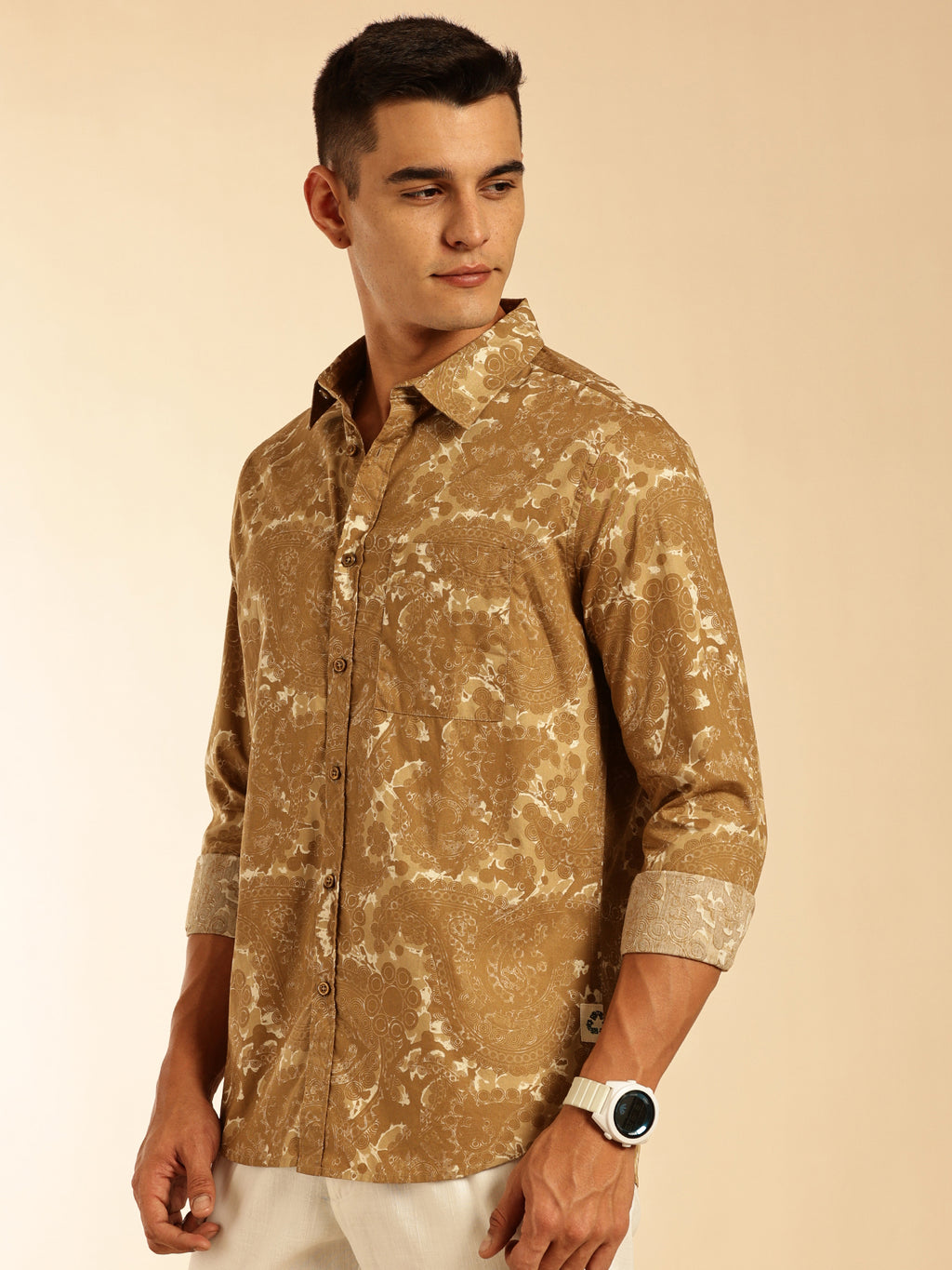 Thomas Scott Men Olive Regular Fit Long Sleeves Abstract Printed Pure Cotton Casual Shirt