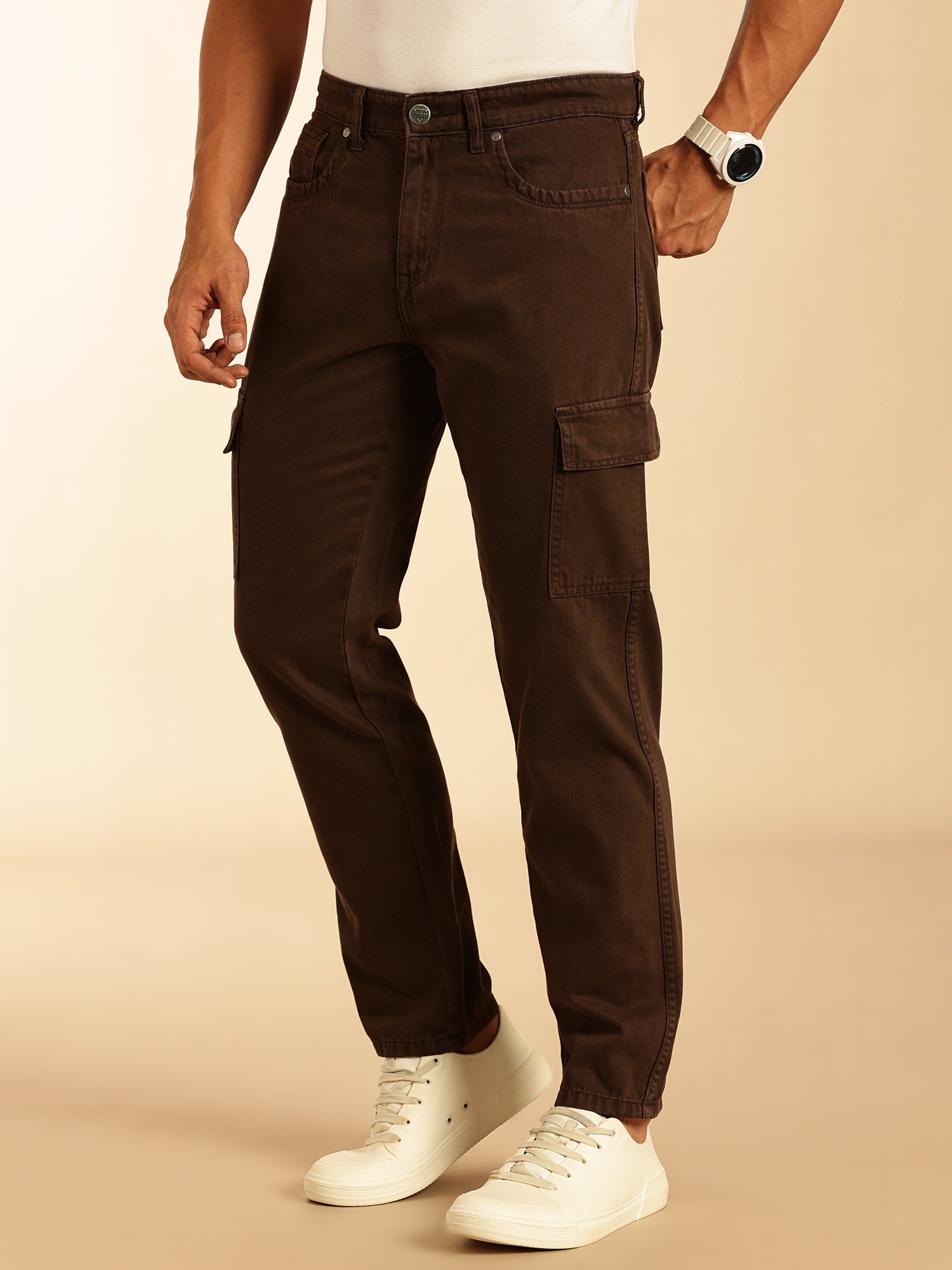 Thomas Scott Men Coffee Loose Fit Mid-Rise Non Stretchable Cargo Jeans