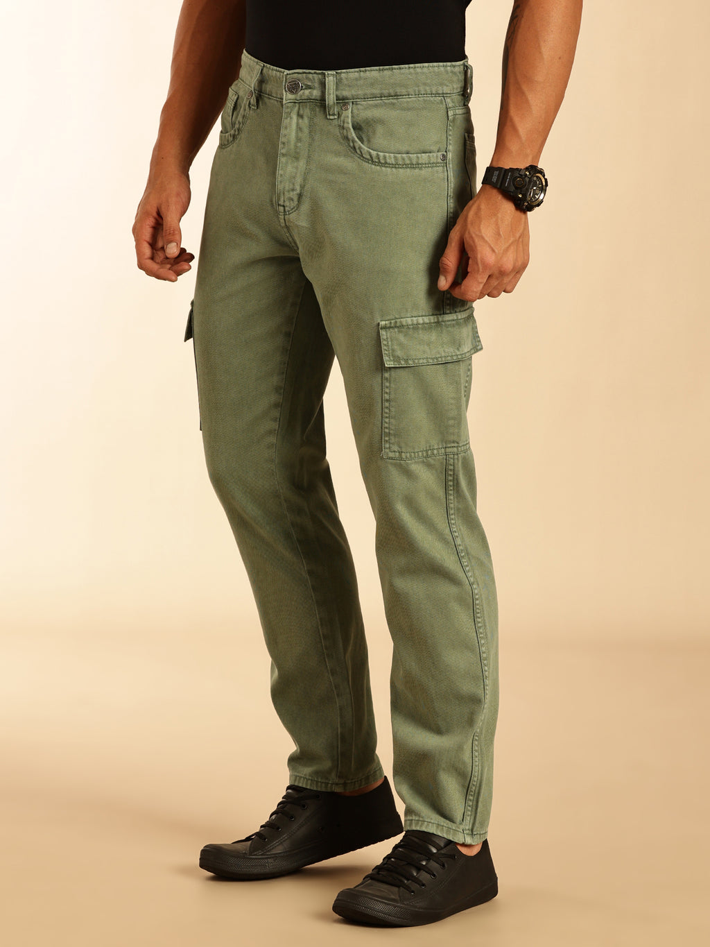 Thomas Scott Men Light Olive Loose Fit Mid-Rise Non Stretchable Cargo Jeans