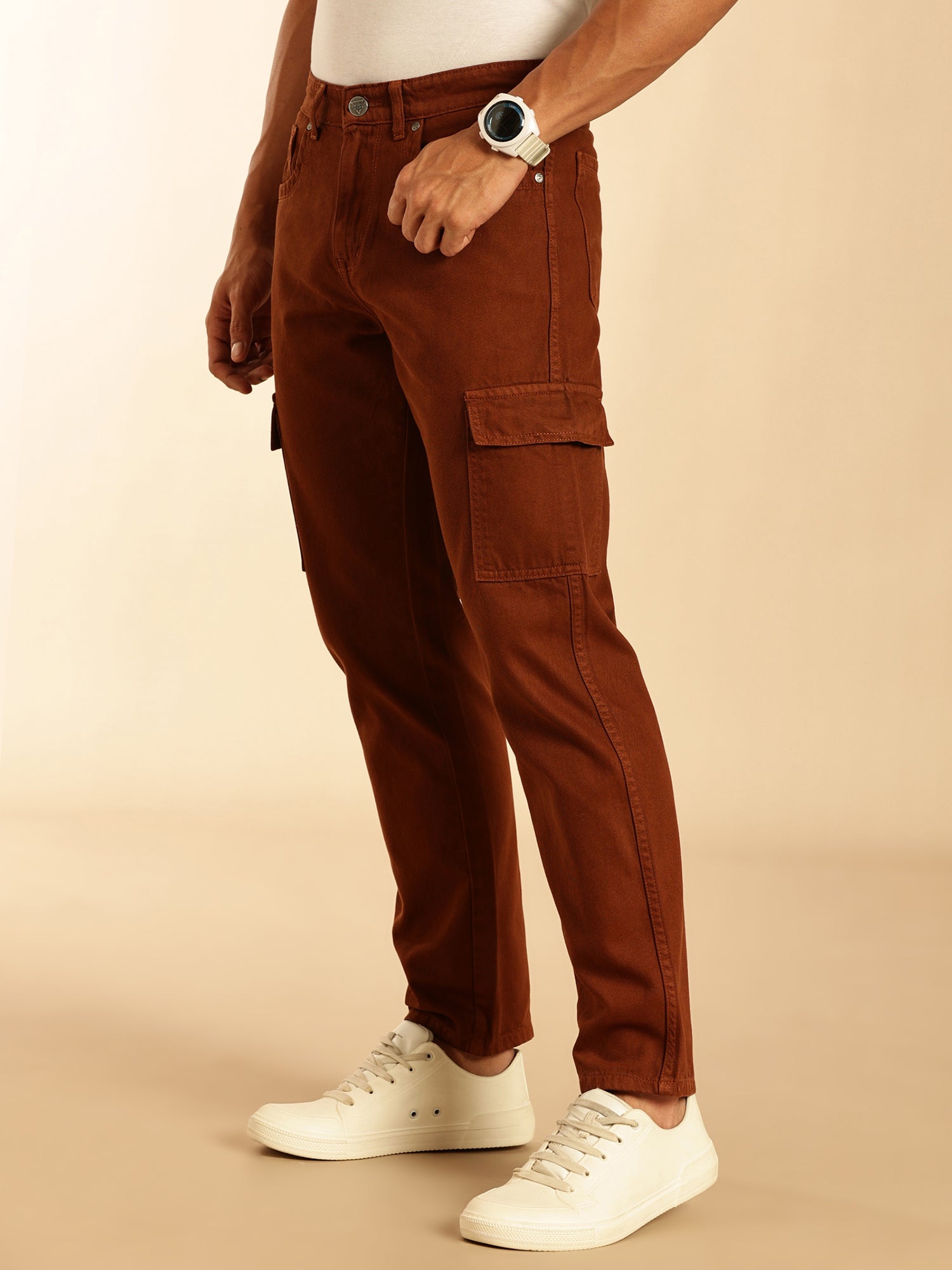 Thomas Scott Men Dark Brown Loose Fit Mid-Rise Non Stretchable Cargo Jeans