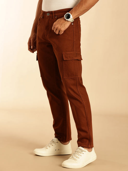 Thomas Scott Men Dark Brown Loose Fit Mid-Rise Non Stretchable Cargo Jeans