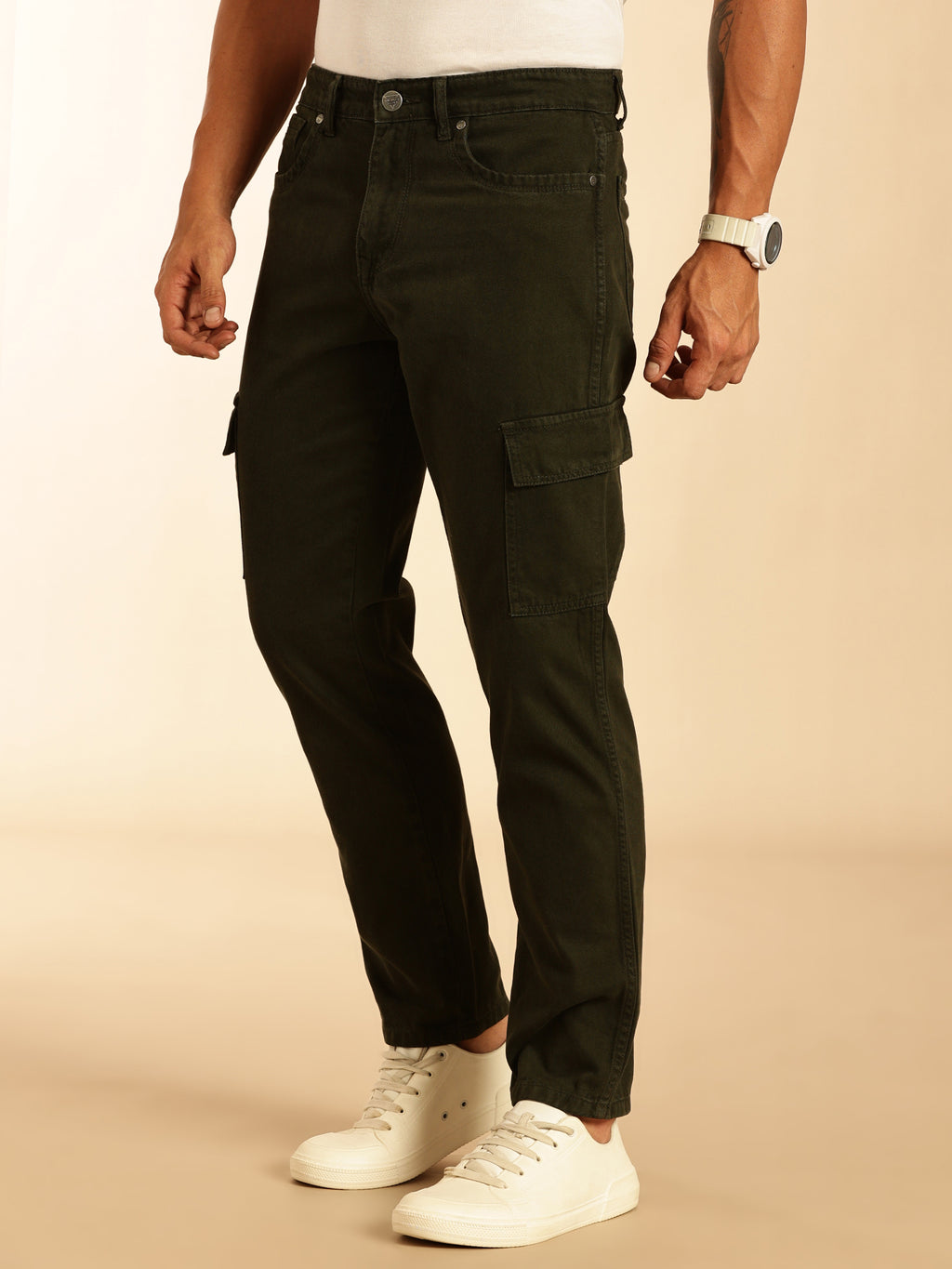 Thomas Scott Men Dark Green Loose Fit Mid-Rise Non Stretchable Cargo Jeans
